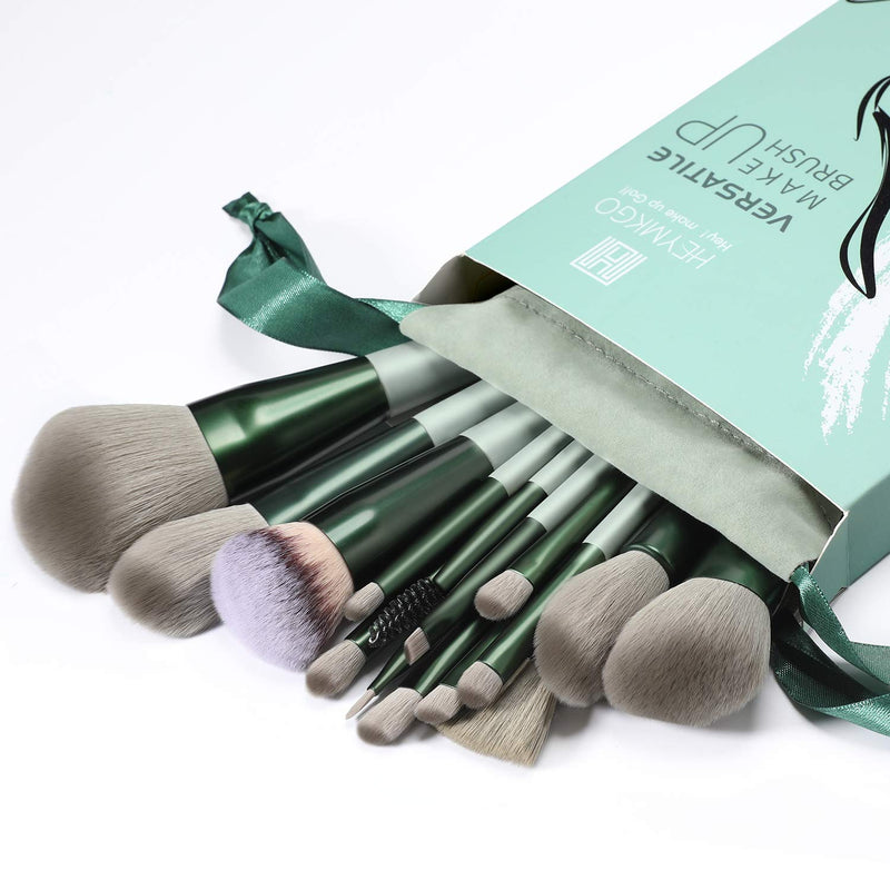 [Australia] - Makeup Brushes HEYMKGO 15pcs Makeup Brush Set Premium Synthetic Bristles Green Color Conical Handle Kabuki Foundation Brush Face Lip Eye Makeup Sets Professional with Portable Drawstring Flannel Bag 