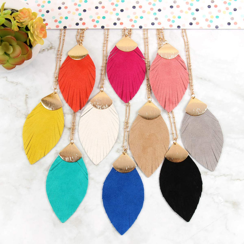 [Australia] - RIAH FASHION Bohemian Genuine Leather & Feather Fringe Tassel Pendant Statement Necklace - Long Chain Real Suede Leaf, Feather Charm Suede Feather - Hot Pink 