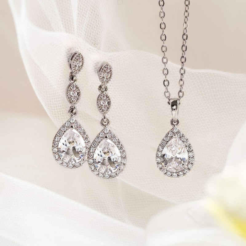 [Australia] - A+O Elegant Teardrop Cubic Zirconia Crystal Earrings in Silver, Gold, Rose Gold Set - Silver 