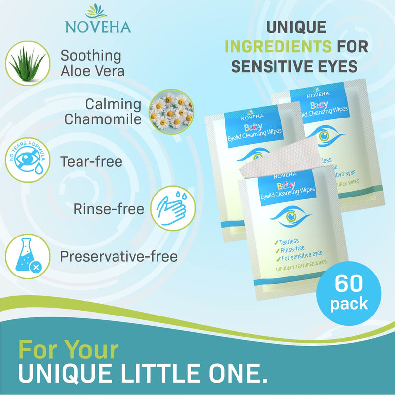 [Australia] - Sensitive & Hypoallergenic Baby Eyelid & Lash Wipes | Safe & Natural For Lashes and Eyelids, Pack of 60 Pre-moistened Sterile Wipes, Dermatologist & Pediatrician Recommended For Newborn 