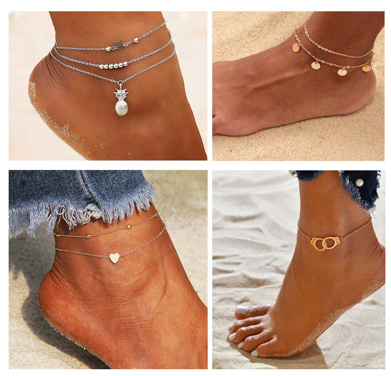 [Australia] - FUNEIA 12Pcs Anklets for Women Silver Gold Ankle Bracelets Set Boho Layered Beach Adjustable Chain Anklet Foot Jewelry A:12Pcs Gold 