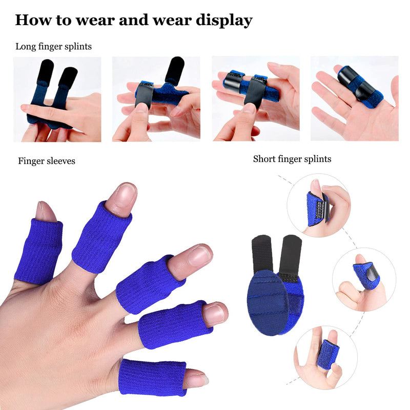 [Australia] - Finger Support Splints, Adjustable Set of 4 Trigger Finger Splint and 10 Nylon Finger Sleeves for Pain Relief, Finger Brace Stabilizer for Broken Finger, Straightening, Arthritis, Injured Finger Blue 