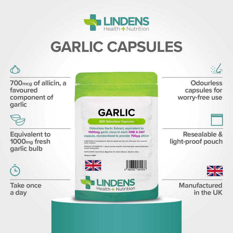 [Australia] - Lindens Garlic Odourless Capsules - 1000mg (700mcg Allicin) - 200 Capsules for 200 Days’ Supply - UK Manufacturer, Letterbox Friendly 