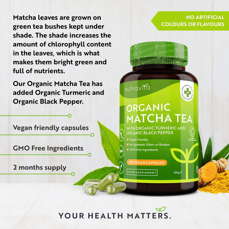 [Australia] - Organic Japanese Matcha Green Tea Extract - Rich Source of Chlorophyll - 120 Vegan Capsules - Boosted with Organic Turmeric & Black Pepper - Matcha Tea Powder Capsules (Alternative to Tablets) 
