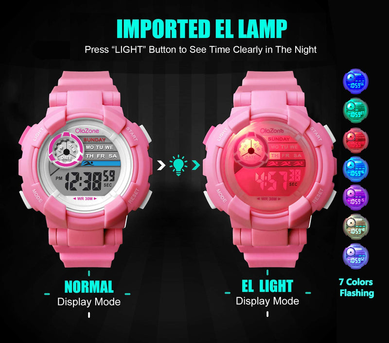 [Australia] - Girls Watch Kids Digital Sports 7-Color Flashing Light Waterproof 100FT Alarm Gifts for Girls Age for 8-12 487 Pink 