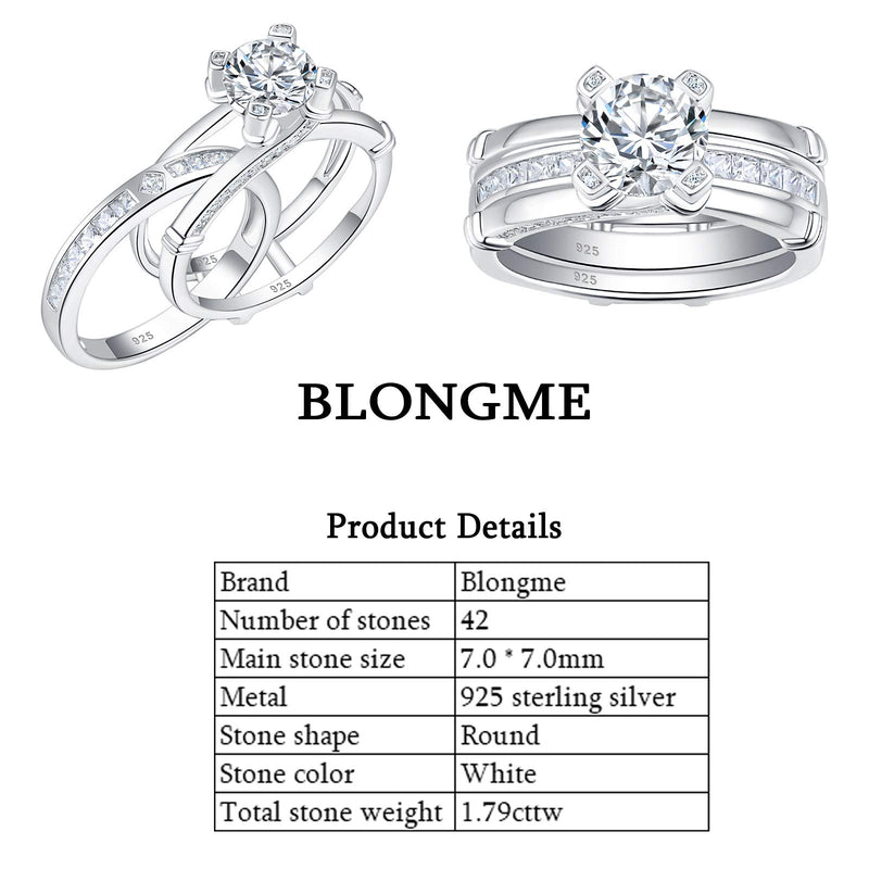 [Australia] - Blongme Wedding Ring Sets for him and her Women Sterling Silver CZ His Men Titanium Wedding Band Couples White Gold Size 5-12 women size 10 & men size 10 