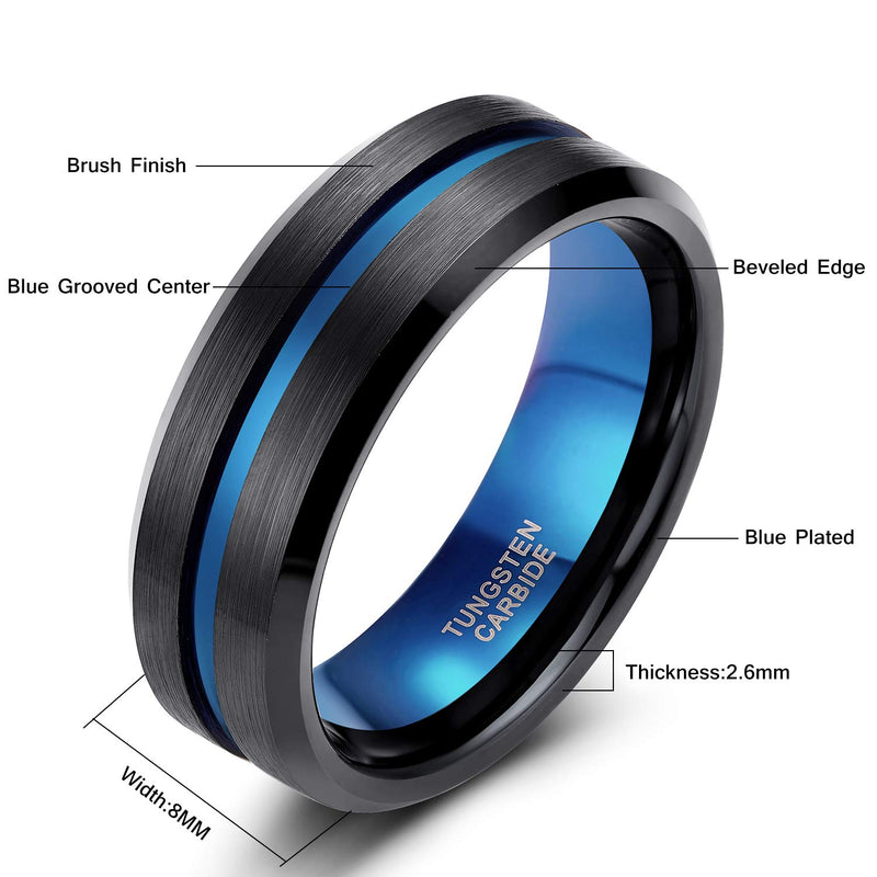 [Australia] - Greenpod Mens Tungsten Ring Wedding Band 8mm 10mm Engraved I Love You Thin Blue/Rose Gold/Black Centre Groove Comfort Fit Size 6-17 8mm Black Blue 