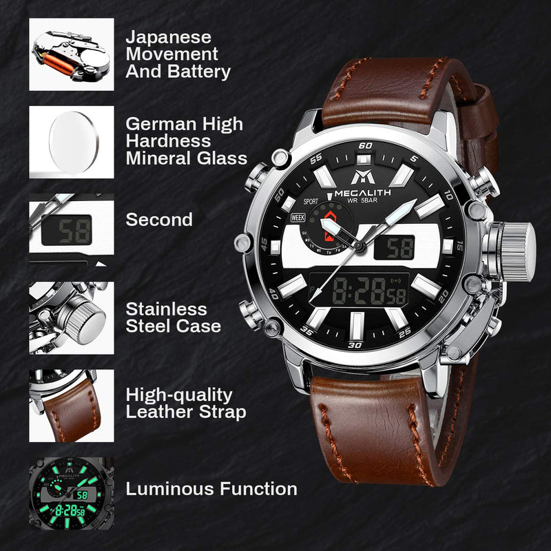 [Australia] - MEGALITH Mens Watches Digital Waterproof Military Sports Watches for Men Luminous Multifunctional Stopwatch Large Face Alarm Wrist Watch with Led Backlight 1-Brown 