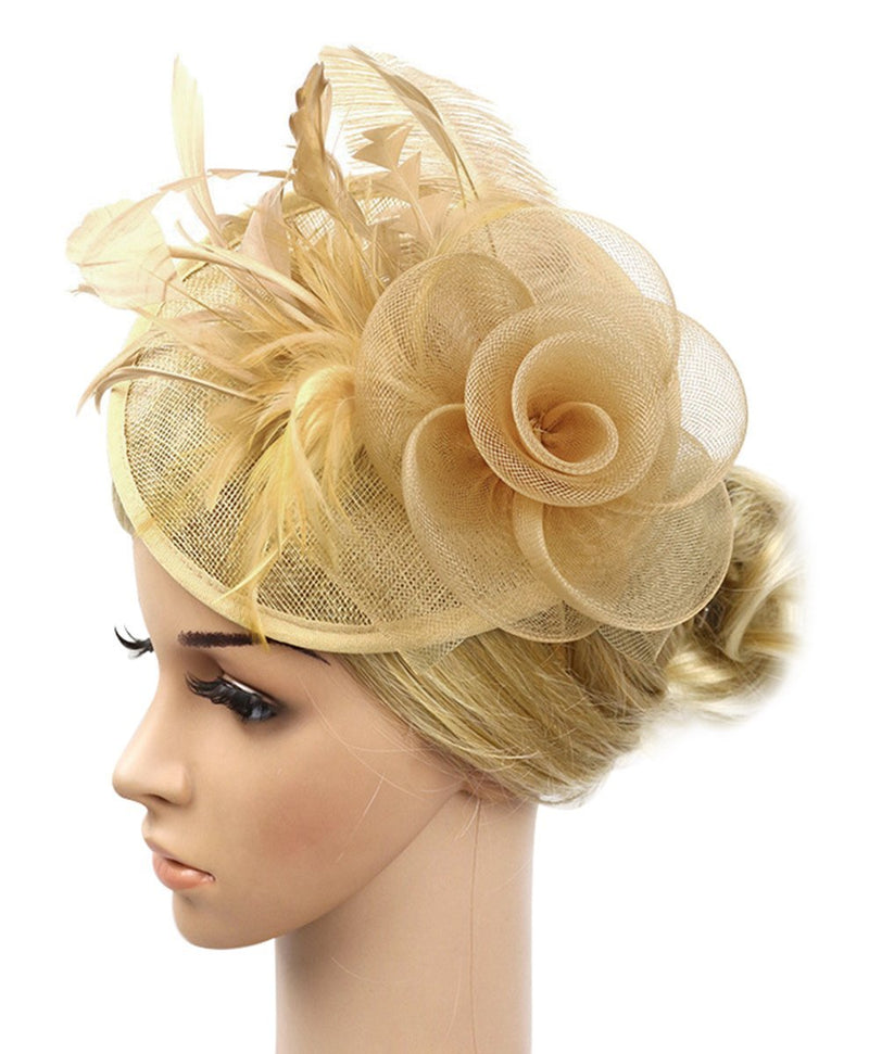 [Australia] - Z&X Sinamay Fascinator with Headband Clip Mesh Flower Feather Cocktail Pillbox Hat #a Gold 