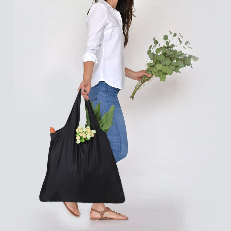 [Australia] - Luxja 3pcs Reusable Shopping Bag, Fold Up Shopper with Attached Pouch, Washable, Durable and Lightweight Black 