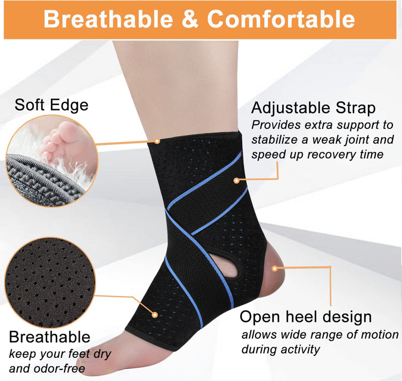 [Australia] - Vinaco ankle brace for women men, 1 pair adjustable compression ankle brace for sprained ankle, Strong support & Breathable ankle support for Injury Recovery, Joint Pain, swelling, ankle wraps support One Size Blue 