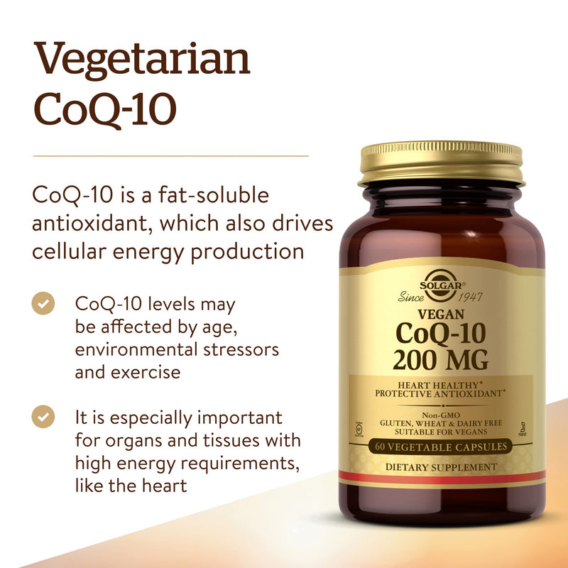 [Australia] - Solgar Vegetarian CoQ-10 200 mg, 60 Vegetable Capsules - Heart Healthy, Protective Antioxidant - Coenzyme Q10 (CoQ-10) Supplement - Vegan, Gluten Free, Dairy Free, Kosher - 60 Servings Standard Packaging 