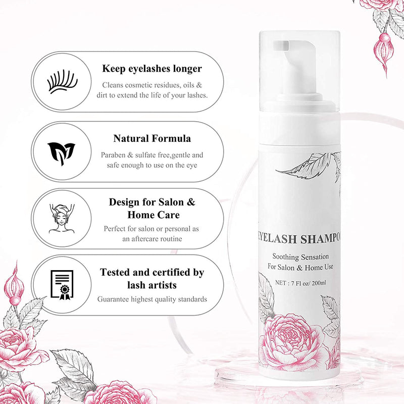 [Australia] - Eyelash Extension Shampoo & Brush + Mascara Wand,Eyelash Shampoo Foaming Cleanser for Professional Salon and Home Care,Wash for Extensions and Natural Lashes, Nourishing FormulaÔºà200ml/7fl.ozÔºâ 