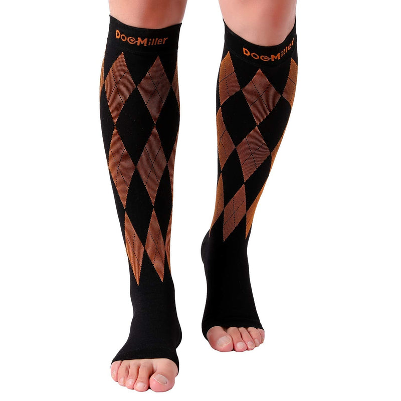 [Australia] - Doc Miller Open Toe Compression Socks Women 20-30mmHg, 1 Pair Toeless Socks for Women and Men - Argyle Design Large Black.orange Open Toe 