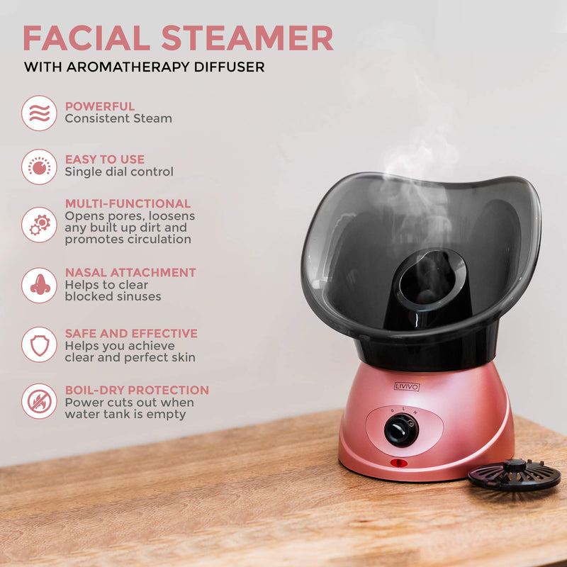[Australia] - LIVIVO Facial Face Spa Steamer Inhaler With Aromatherapy Diffuser 'Herb Grill' and Dual Nose-Cones Kit Set - Ideal To Use on Open Pores For Removal of Dirt Acne Pimples etc (Rose Gold) 