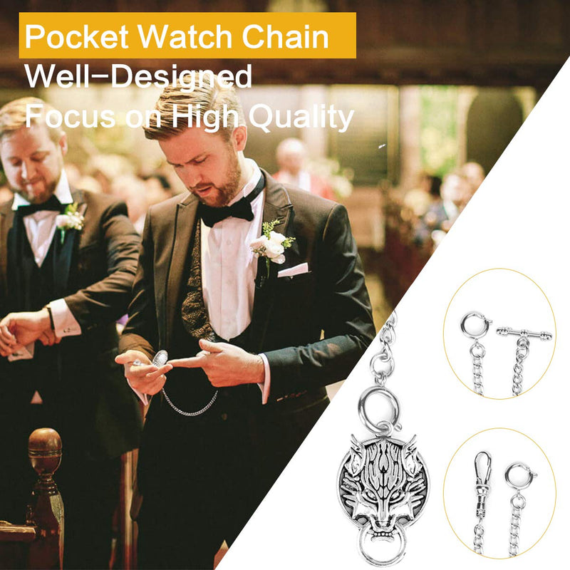 [Australia] - SIBOSUN Men's Double Albert Double Chain Pocket Watch Curb Link Key Chain 3 Hooks with Antique Direwolf Wolf Pendant Fob T Bar Watch Chain 1 Silver 