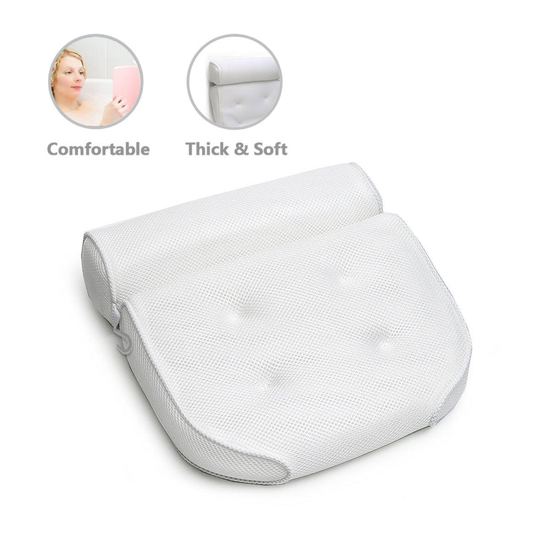 [Australia] - Coastacloud Breathable Spa Bath Pillow with 4 Large Suction Cups, Cushion Head, Neck, Shoulder & Back Support - Non Slip Contoured Shape Spa Pillows for Bathtub Hot Tub Jacuzzi - White 