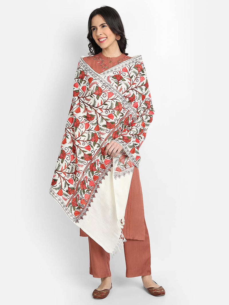 [Australia] - Kashmir Women Stole Shawl Scarf Wrap with Indian Embroidery Creame 