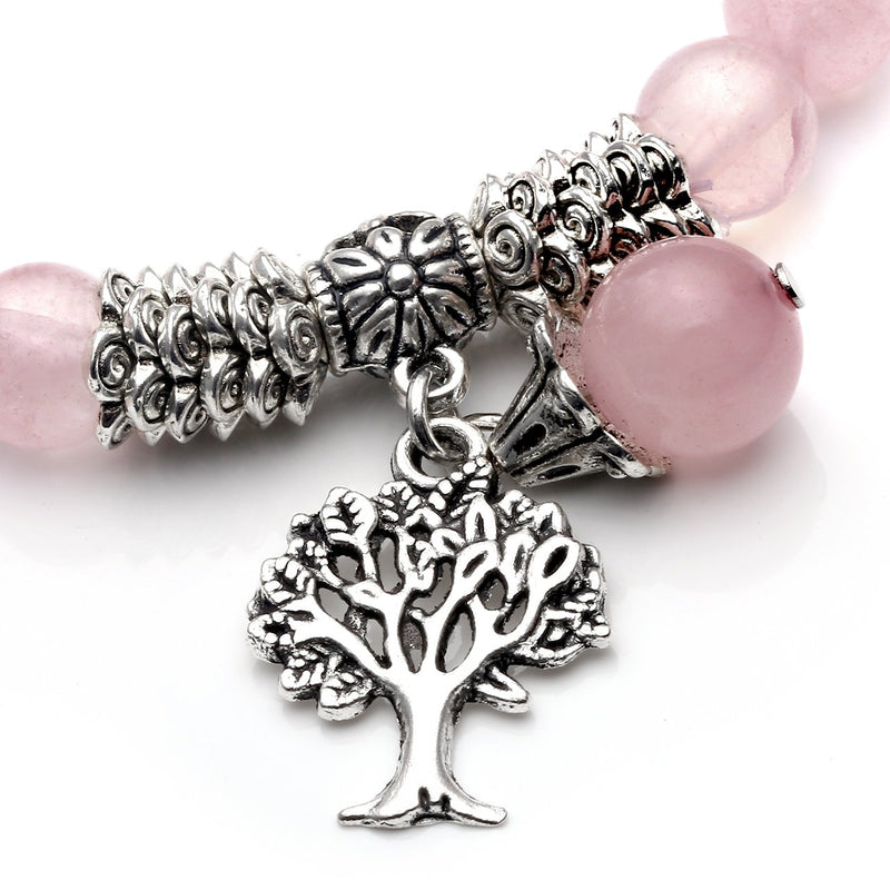 [Australia] - Top Plaza Stretch Rose Quartz Tree of Life Lucky Stone Bracelet Reiki Healing Crystal Gemstone Dangle Charms Pendant Birthstone Bracelet(6.2") Amethyst+Rose Quartz 