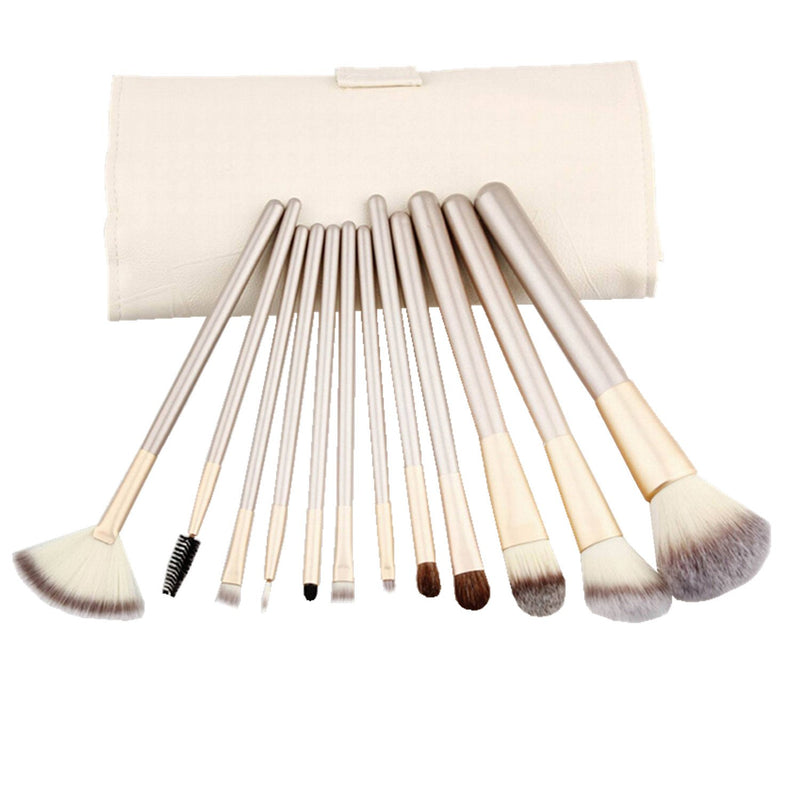 [Australia] - 12 Piece Makeup Brushes Set | Horse Hair Professional Kabuki Makeup Brush Set Cosmetics Foundation Makeup Brushes Set Kits with White Cream-colored Case Bag 