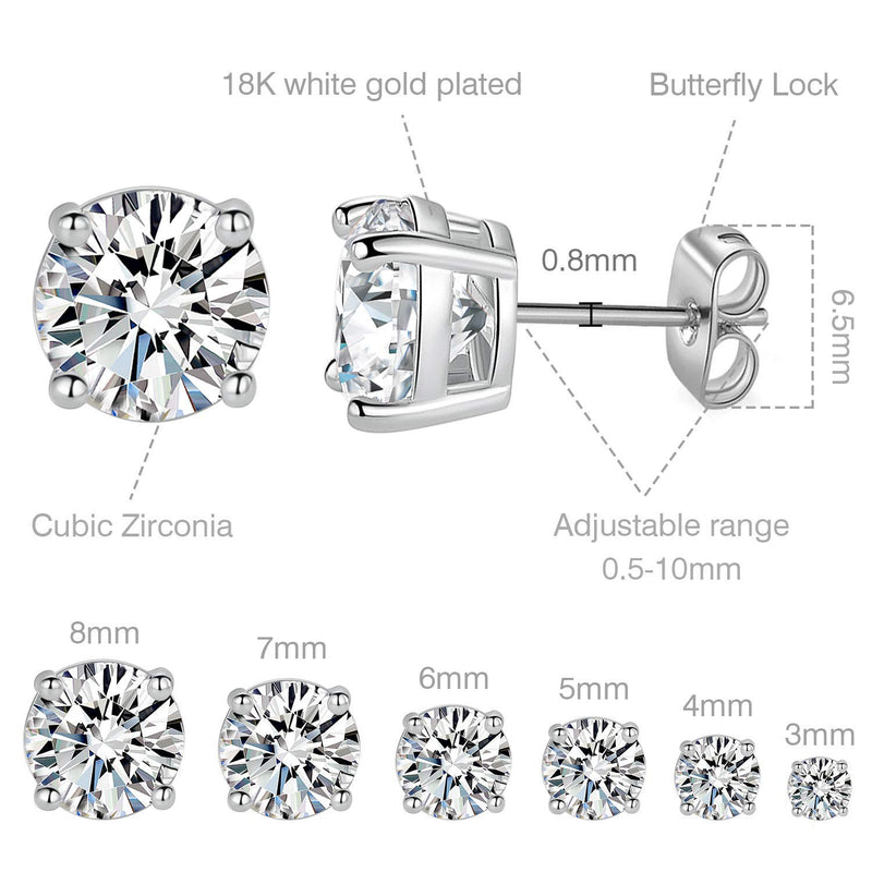 [Australia] - 18K White Gold Plated 4 Pong Round Clear Cubic Zirconia Stud Earring Pack of 6 Pairs (6 Pairs) 