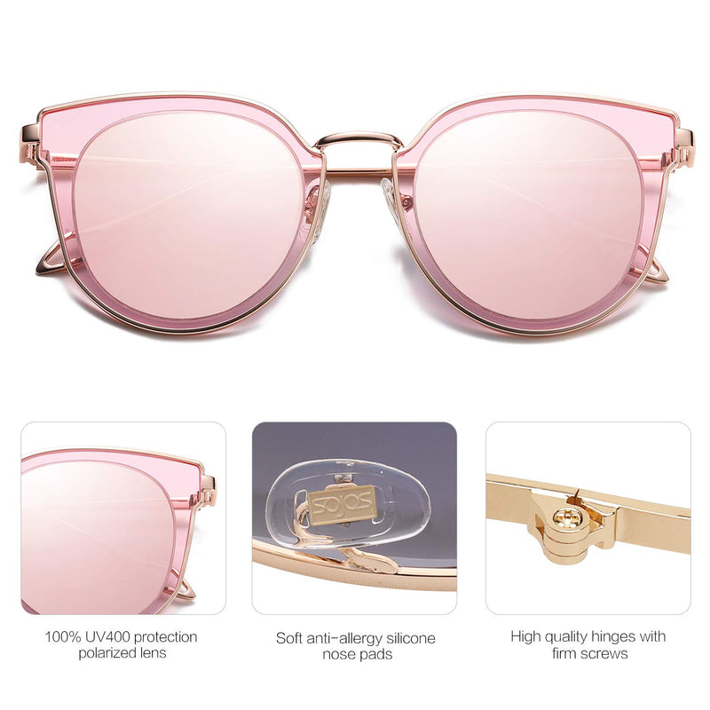 [Australia] - SOJOS Fashion Round Polarized Sunglasses for Women UV400 Mirrored Lens SJ1057 0c2 Rose Gold Frame/Pink Mirrored Lens 60 Millimeters 