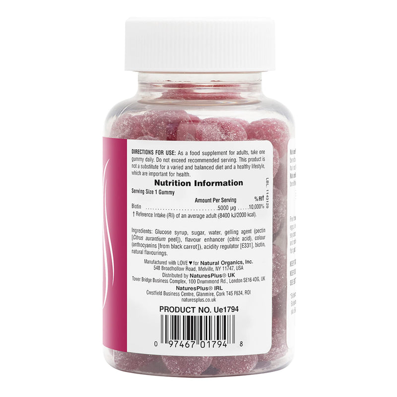 [Australia] - NaturesPlus Gummies Biotin Raspberry Flavour - Hair and Skin Support, Brain, Metabolism, Immune, Energy Boost - Vegan, Gluten Free, Non-GMO - 60 Gummies 