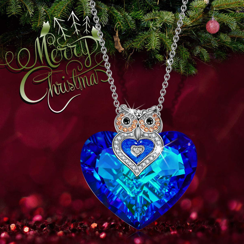 [Australia] - J.NINA ✦Owl of Minerva✦ Mother's Day Jewelry Gifts for Women Owl Necklaces for Women Blue Swarovski Crystal Heart Necklace Sparking Jewelry Gifts for Her Girlfriend 