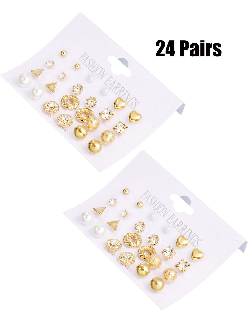 [Australia] - BBTO 24 Pairs Stud Earrings Crystal Pearl Earring Set Ear Stud Jewelry for Girls Women Men, Silver and Gold 