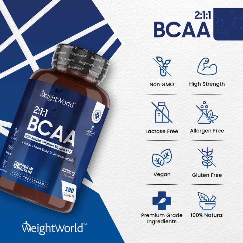 [Australia] - BCAA Tablets 1000mg - 180 Tablets (3 Months Supply) - 2:1:1 Branched Chain Amino Acid Supplement - Pre Workout Supplement for Men & Women - Vegan BCAA Supplement with Vitamins B6 & B12 - UK Made 