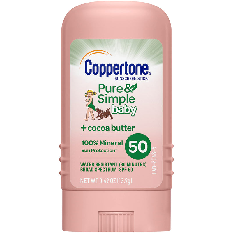 [Australia] - Coppertone Pure Simple Baby SPF 50 Sunscreen Stick, Water Resistant, Pediatrician Recommended, Zinc Oxide  Mineral Sunscreen, Enriched with Cocoa Butter, Broad Spectrum UVA/UVB Protection, 0.49 Oz 