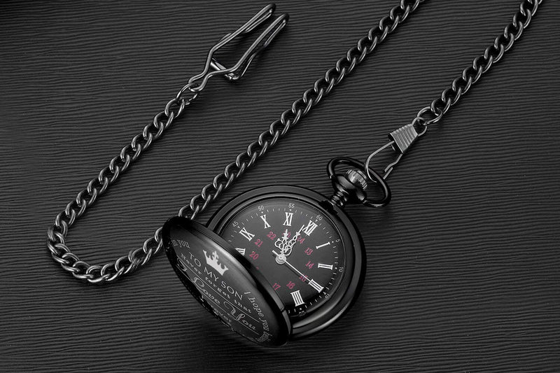 [Australia] - LYMFHCH Engraved Personalized Pocket Watch for Son Gifts Vintage Quartz Pocket Watches with Chain Christmas Graduation Gifts Black 