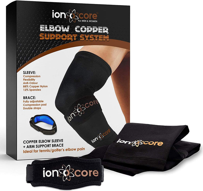 [Australia] - Ionocore® Elbow Support Protection System - Copper Compression - Tennis, Golfers Elbow Strap & Arm Sleeve - Joint & Forearm Protection - Lightweight, Anti Slip. Small: 8" - 10" SMALL: 8" - 10" 