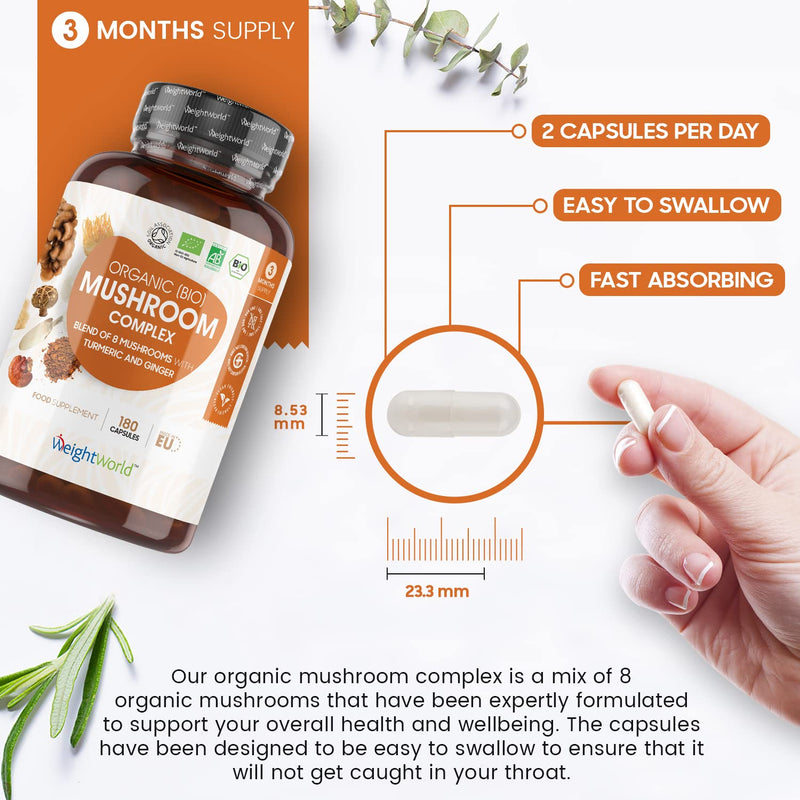 [Australia] - Organic Mushroom Complex 8 - 1000mg – 180 Vegan Mushroom Capsules - 8 Mushrooms Blend (Lion's Mane, Reishi, Chaga, Cordyceps, Shitake, Oyster, Maitake, Coprius) with Turmeric & Ginger – Non-GMO 