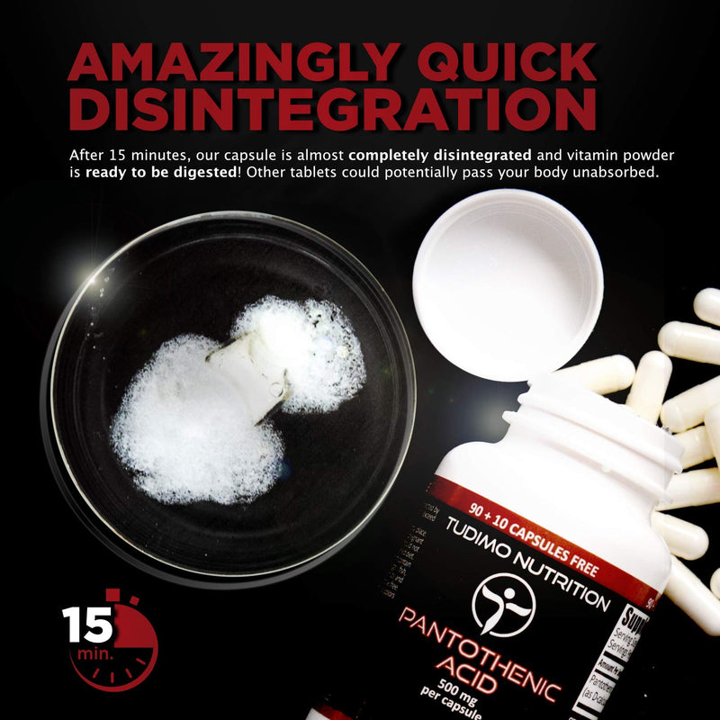 [Australia] - Vitamin B5 Pantothenic Acid 500mg Capsules - 100 pcs (3+ Month Supply) of Rapidly Disintegrating Capsules, Each with 500 mg of Premium Quality & Pure VIT B-5 Pantothenic Acid Powder 