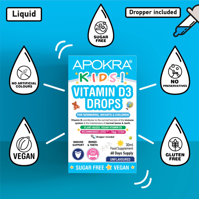 [Australia] - Vitamin D Drops Baby & Kids - Vegan - 60 Days Supply � 30mL � Preservative Free and Sugar Free Kids Vitamins - VIT D 400IU in MCT Oil - 10 micrograms per 0.5mL | APOKRA Kids 