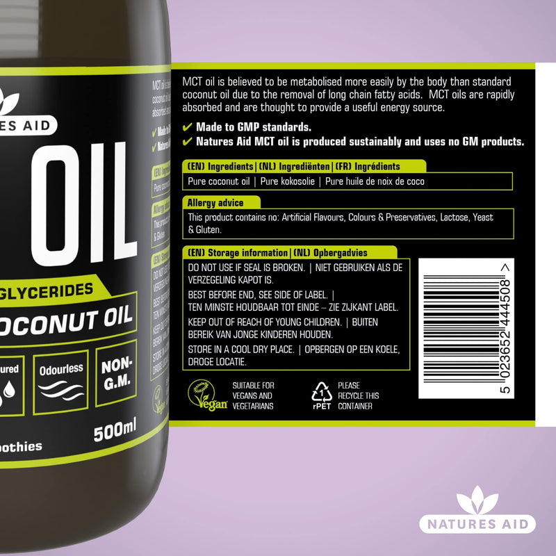 [Australia] - Natures Aid 100 Percent MCT Oil, Premium Coconut Oil, Sustainably Sourced, Add to Coffees or Shakes, Vegan, 500 ml 