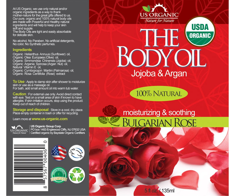 [Australia] - US Organic Body Oil - Romantic Sexy Bulgarian Rose- Jojoba and Argan Oil with Vitamin E, USDA Certified Organic, No Alcohol, Paraben, Artificial Detergents, Color or Synthetic perfumes, 5 Fl.oz. 