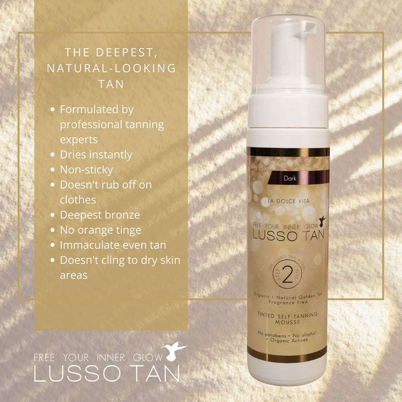[Australia] - Professional Dark Self Tanning Mousse - By Lusso Tan. Organic, Vegan, Cruelty-Free False Tan. Instant-drying. Streak-free, Flawless Finish Fake Tan. Natural Glow Face and Body Tint. Tinted Self-Tanning Mousse - Dark 