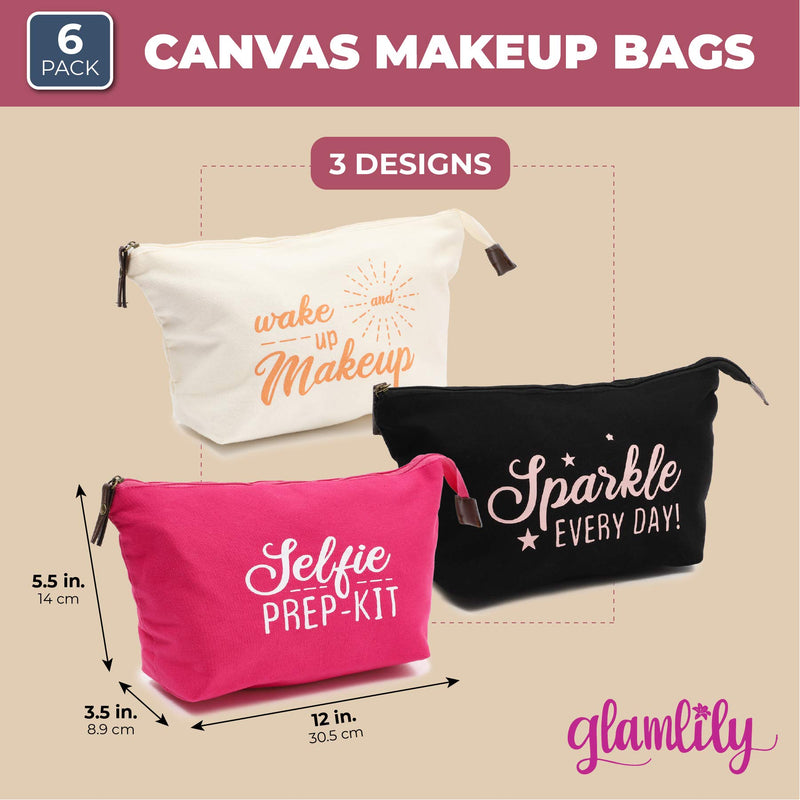 [Australia] - 6 Pack Cotton Canvas Inspirational Makeup Pouch Bags with Zippers (12 x 3.5 In) 