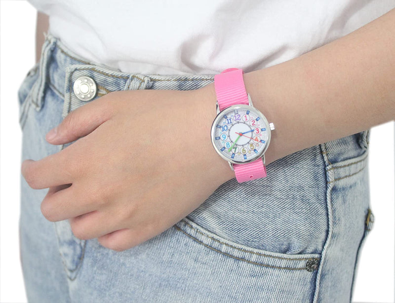 [Australia] - Bigbangbang Kids Analog Watch, Read Easily Children's First Watch Daily, Wrist Watch for Boys and Girls with Soft Cloth Strap,Learning time,Pink Strap 