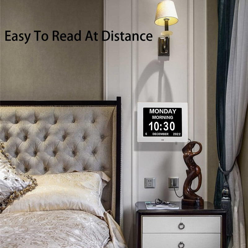 [Australia] - Johnziny 【2022 Newest Version】 Digital Day Calendar Clock- 8 Alarms,Dementia Clocks Display Non-Abbreviated Date Day Time Month, Vision Impaired Clock for Seniors Memory Loss Alzheimer 8" White 