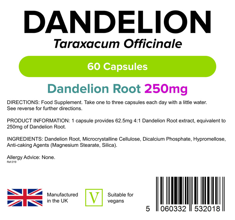 [Australia] - Lindens Dandelion 250mg - 60 Capsules - UK Made - Water Retention, Detox & Cleanse - Taraxacum Officinale - High Strength Root Extract - Traditional Herbal Supplement - GMP & Letterbox Friendly 