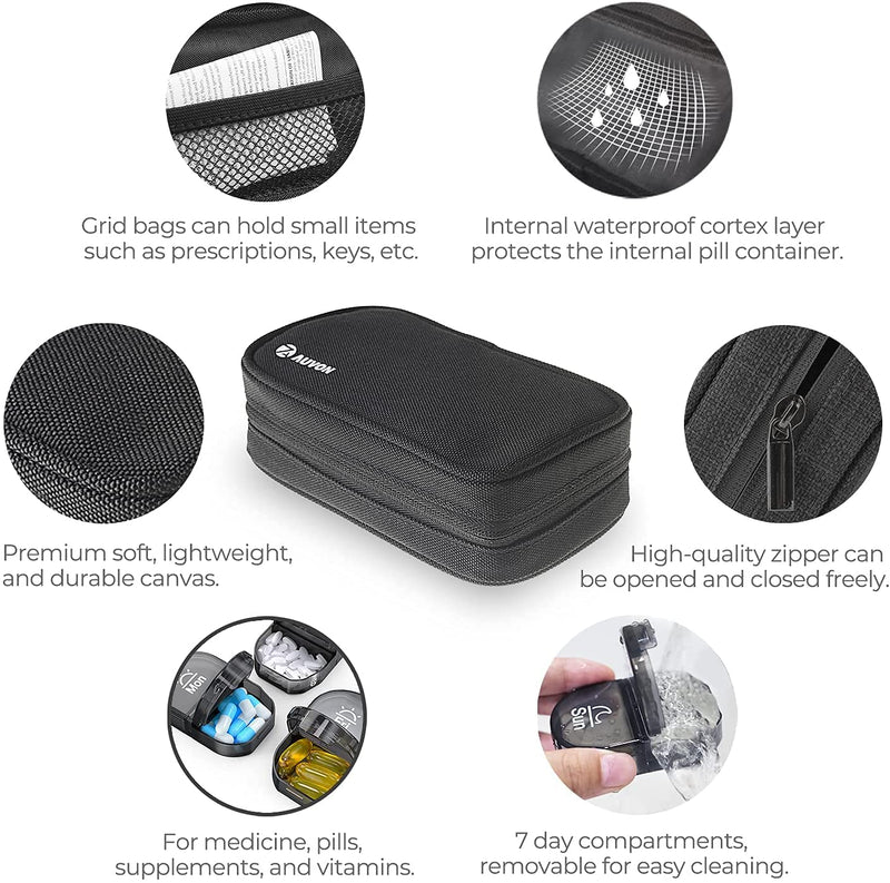 [Australia] - AUVON Canvas Bag Pill Boxes 7 Day 2 Times a Day, Large AM/PM Pill Box Organiser with Portable Zipper Cloth Bag for Holding Supplements, Vitamins and Fish Oils (Black) A-black 