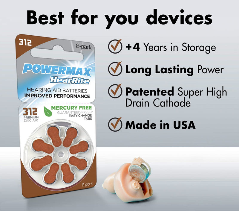 [Australia] - Powermax Size 312 Hearing Aid Batteries, Brown Tab, Made In the USA, 64-Count Size 312 (64 Count) 