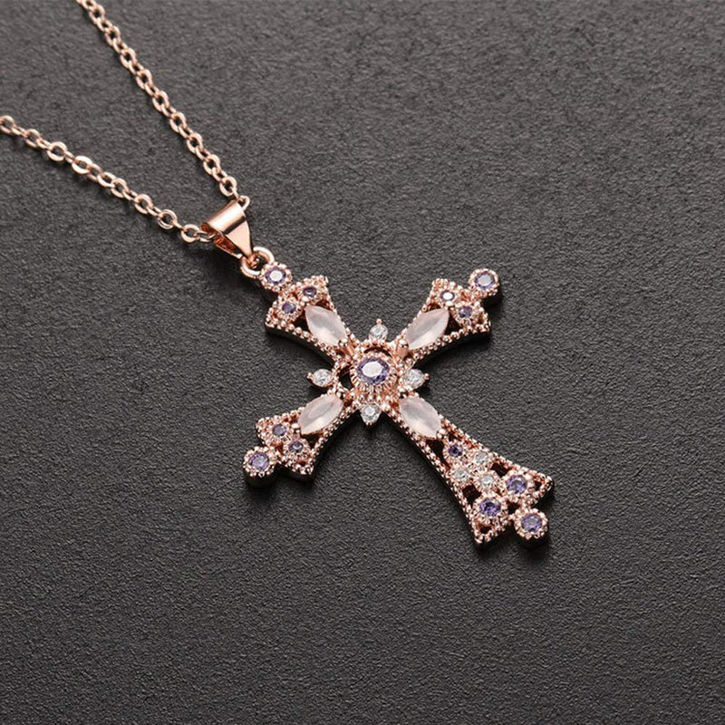 [Australia] - Crystal Cross Pendant Chain Necklace Dangle Drop Hook Earring Set God We Trust Charm Flower Protein Horse Eye Crystal Cross Necklace Jewelry Suit Gift Women Girl Rose gold purple crystal cross set 