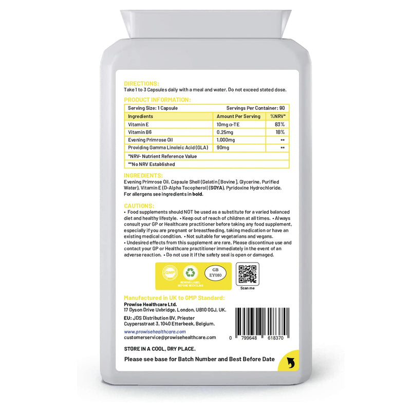 [Australia] - Evening Primrose Oil 1000mg with Vitamin E & B6 90 Capsules| Evening Primrose Oil Capsules | 90mg of GLA per Primrose Capsule | UK Manufactured Under GMP Standard | by Prowise Healthcare 