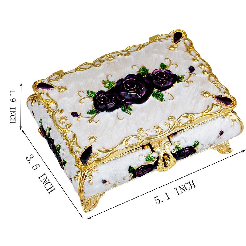 [Australia] - SUNYIK Vintage Enameled Rectangular Decorative Collectible Jewelry Trinket Box for Women,White with Purple Rose Flower Gold/White/Purple 