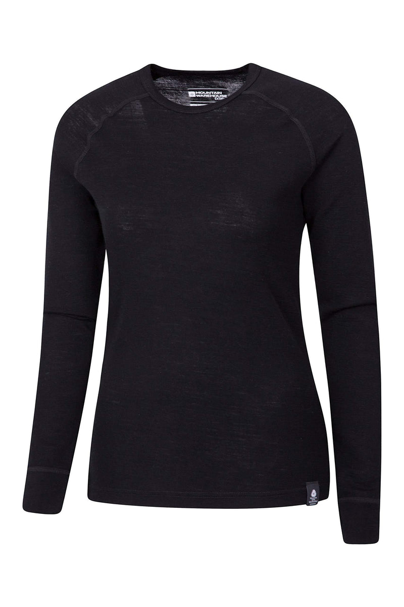 [Australia] - Mountain Warehouse Merino Womens Thermal Baselayer Top - Lightweight, Antibacterial & Breathable Ladies T Shirt - for Winter Travel, Hiking, Camping, Skiing, Snowboard Black 22 