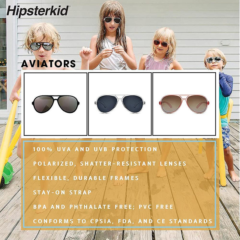 [Australia] - Hipsterkid Baby & Kids Aviator Sunglasses - UV Protection w/ Stay-On Strap for Toddlers, Infants, Newborns, Girls, Boys Black/Aviators Ages 0-2 